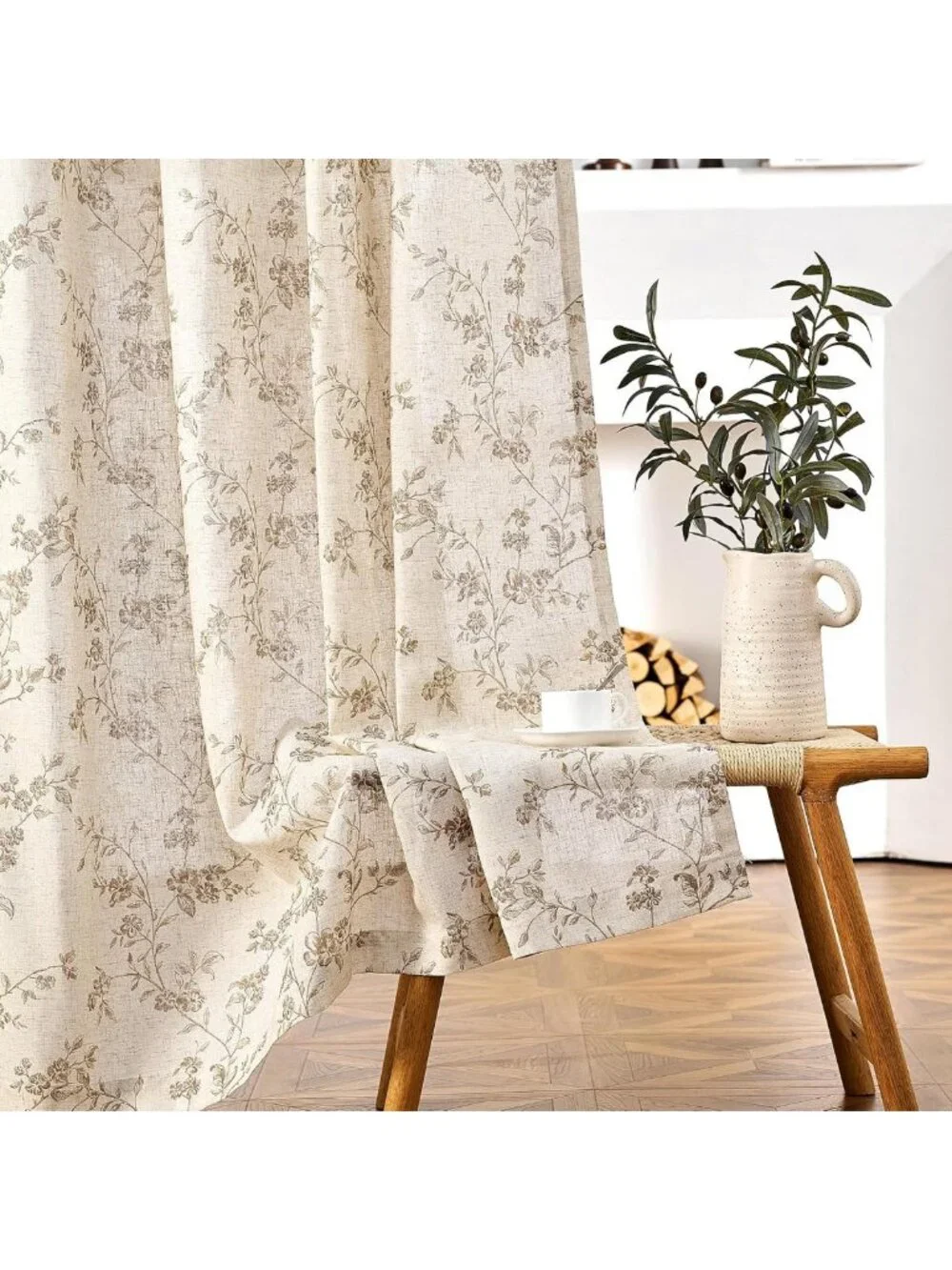 90 Inch Taupe Floral Linen Curtains - Vintage Light Filtering Drapes, 2 Panels